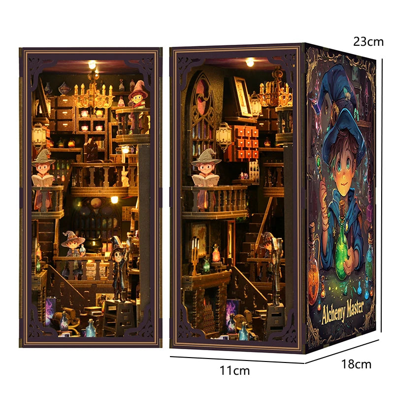 DIY Book Nook Kit - 3D Wooden Puzzle Miniature Bookshelf Dollhouse with LED Lights