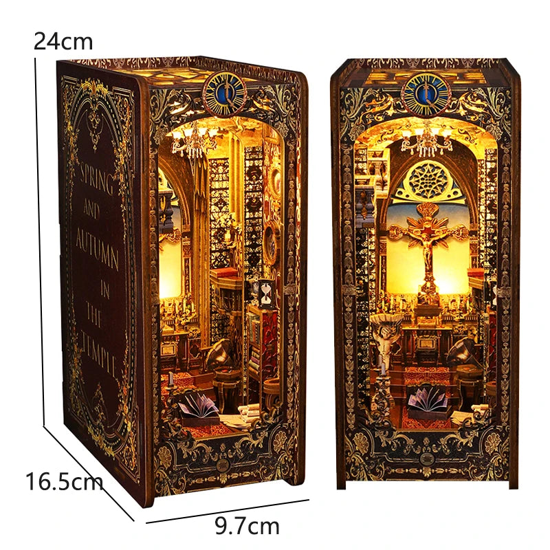 DIY Book Nook Kit - 3D Wooden Puzzle Miniature Bookshelf Dollhouse with LED Lights