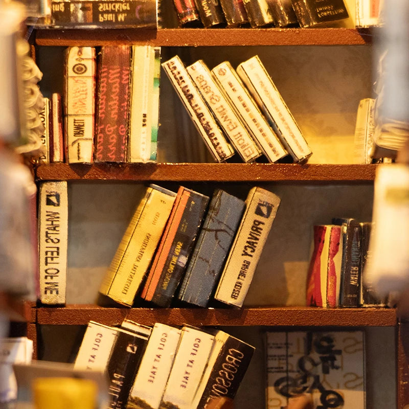 DIY Book Nook Kit - 3D Wooden Puzzle Miniature Bookshelf Dollhouse with LED Lights
