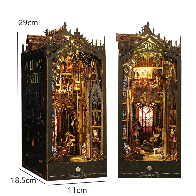 DIY Book Nook Kit - 3D Wooden Puzzle Miniature Bookshelf Dollhouse with LED Lights