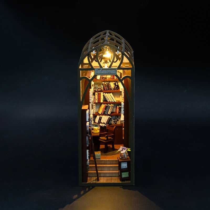 DIY Book Nook Kit - 3D Wooden Puzzle Miniature Bookshelf Dollhouse with LED Lights