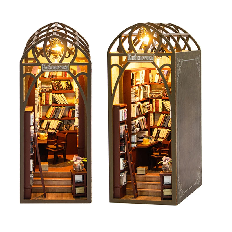 DIY Book Nook Kit - 3D Wooden Puzzle Miniature Bookshelf Dollhouse with LED Lights