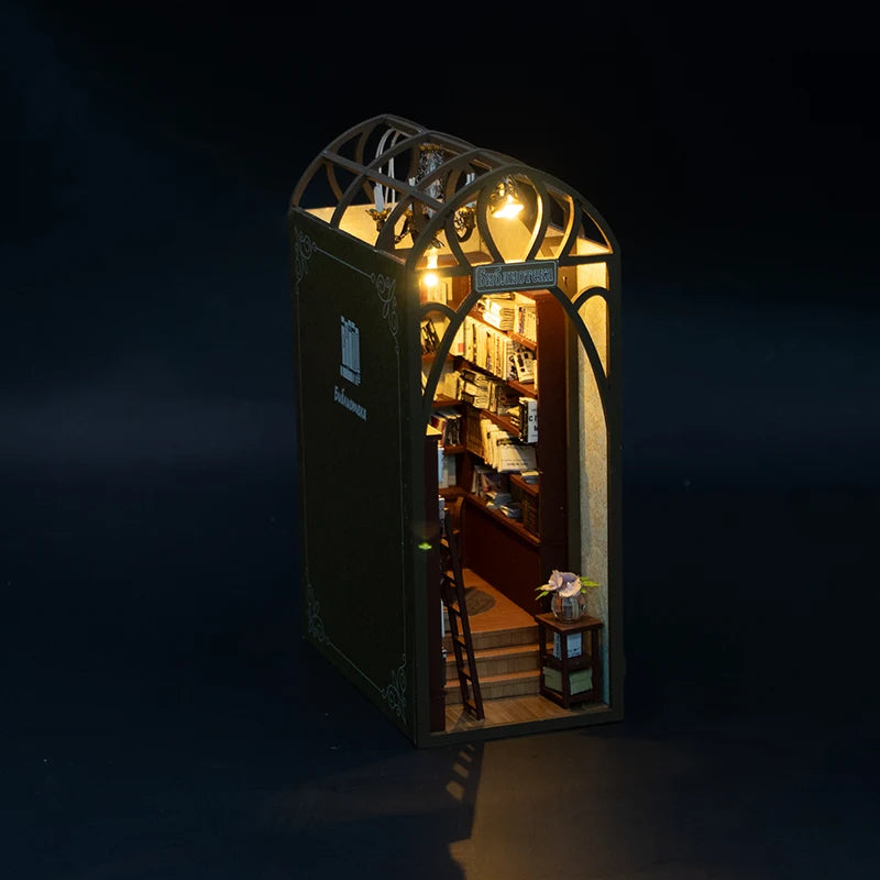 DIY Book Nook Kit - 3D Wooden Puzzle Miniature Bookshelf Dollhouse with LED Lights