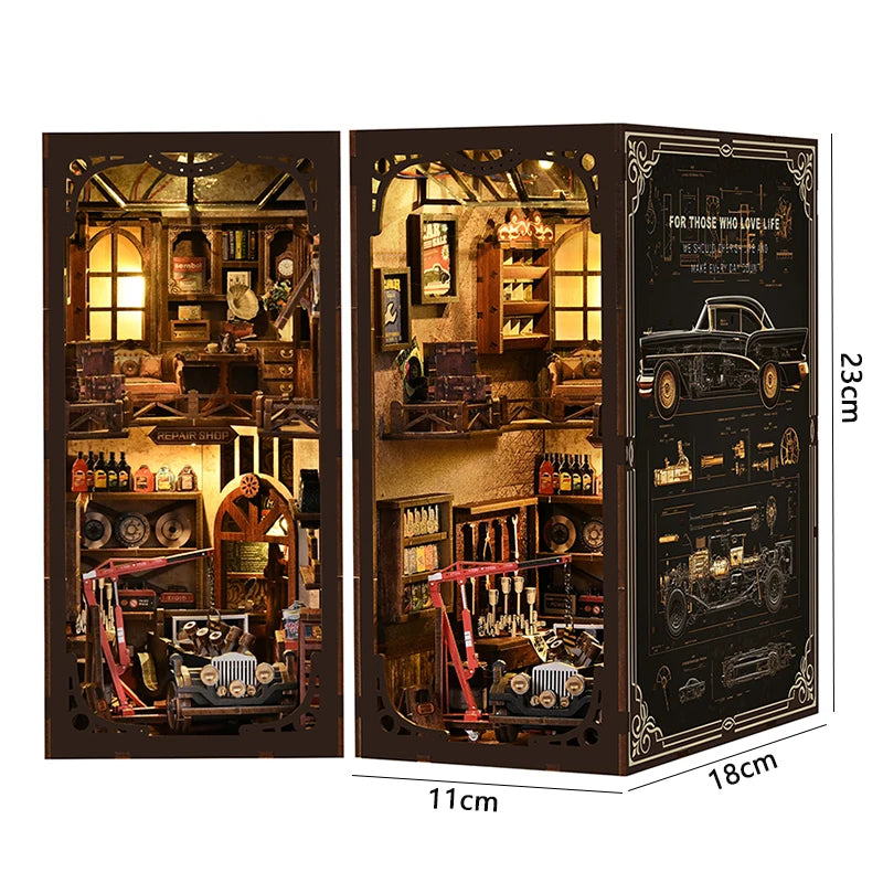 DIY Book Nook Kit - 3D Wooden Puzzle Miniature Bookshelf Dollhouse with LED Lights