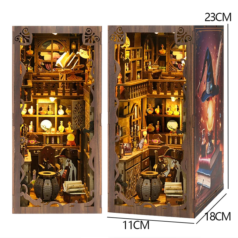 DIY Book Nook Kit - 3D Wooden Puzzle Miniature Bookshelf Dollhouse with LED Lights