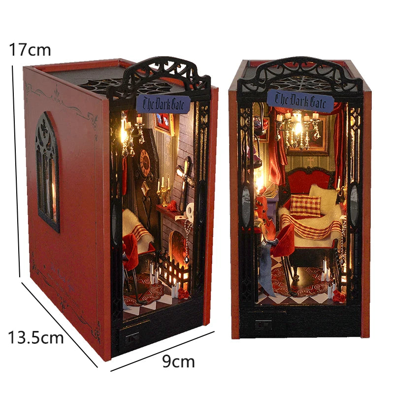 DIY Book Nook Kit - 3D Wooden Puzzle Miniature Bookshelf Dollhouse with LED Lights