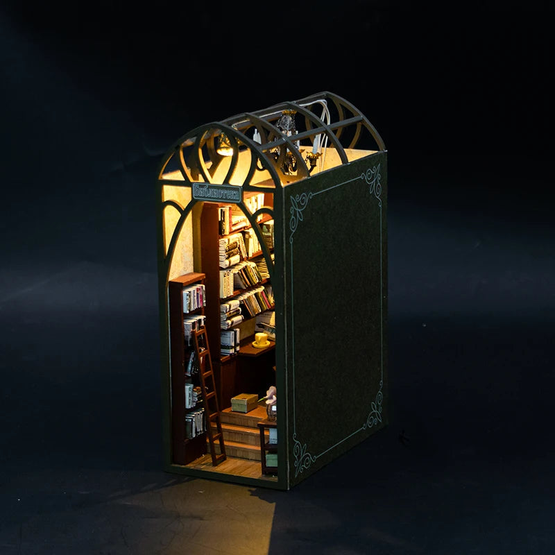 DIY Book Nook Kit - 3D Wooden Puzzle Miniature Bookshelf Dollhouse with LED Lights