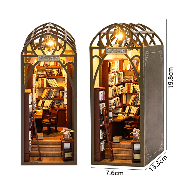 DIY Book Nook Kit - 3D Wooden Puzzle Miniature Bookshelf Dollhouse with LED Lights