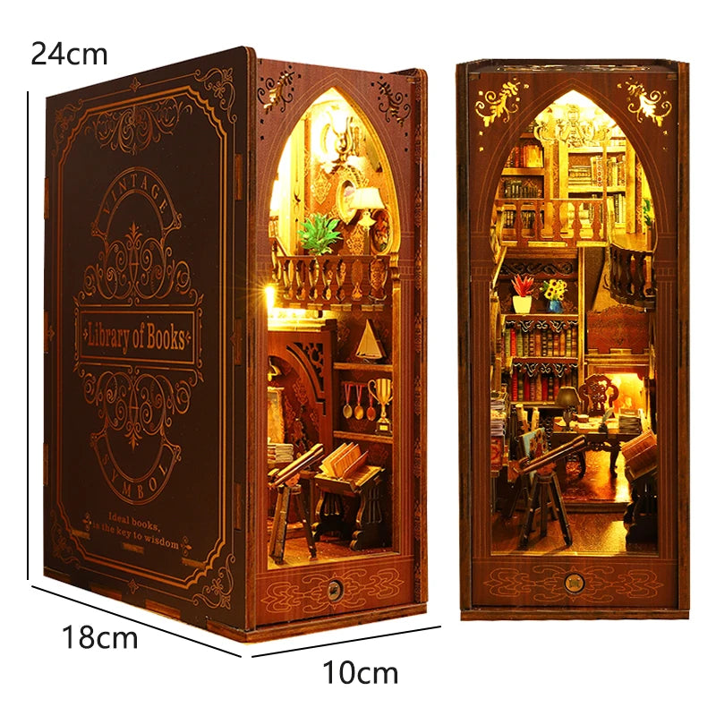 DIY Book Nook Kit - 3D Wooden Puzzle Miniature Bookshelf Dollhouse with LED Lights