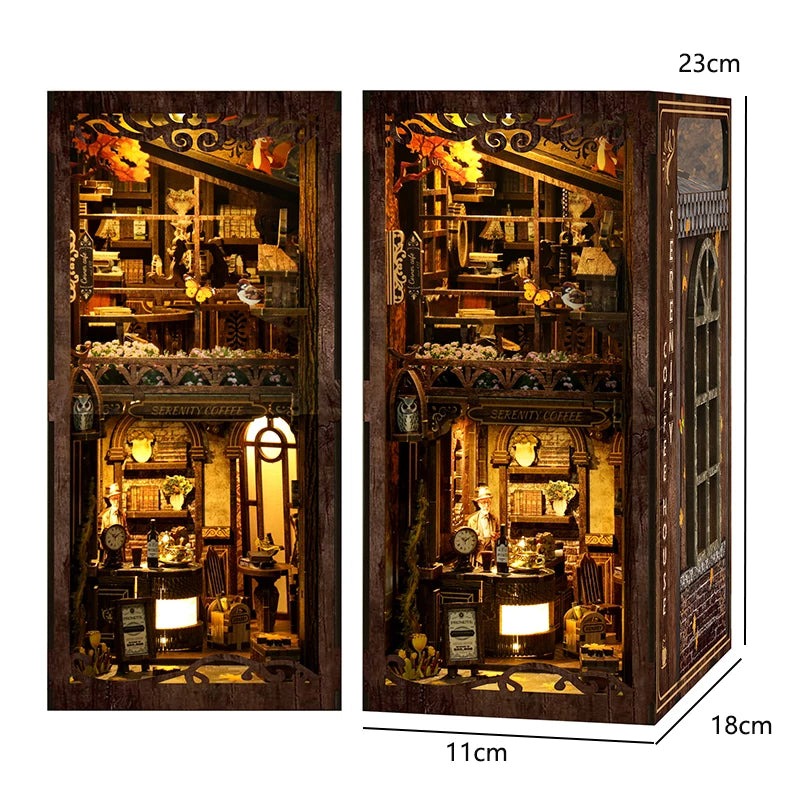 DIY Book Nook Kit - 3D Wooden Puzzle Miniature Bookshelf Dollhouse with LED Lights