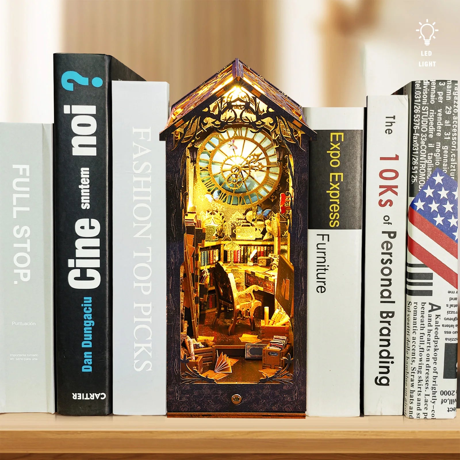DIY Book Nook Kit - 3D Wooden Miniature Bookshelf Insert with LED Lights