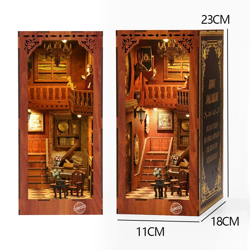 DIY Book Nook Kit - 3D Wooden Puzzle Miniature Bookshelf Dollhouse with LED Lights