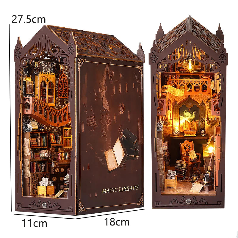 DIY Book Nook Kit - 3D Wooden Puzzle Miniature Bookshelf Dollhouse with LED Lights