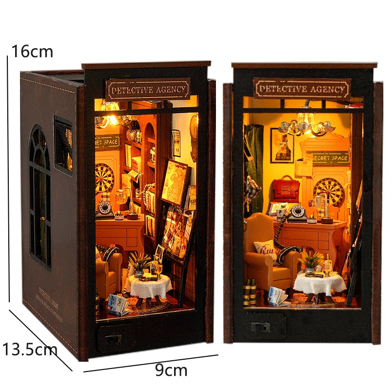 DIY Book Nook Kit - 3D Wooden Puzzle Miniature Bookshelf Dollhouse with LED Lights