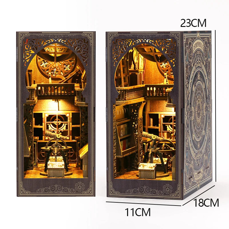 DIY Book Nook Kit - 3D Wooden Puzzle Miniature Bookshelf Dollhouse with LED Lights