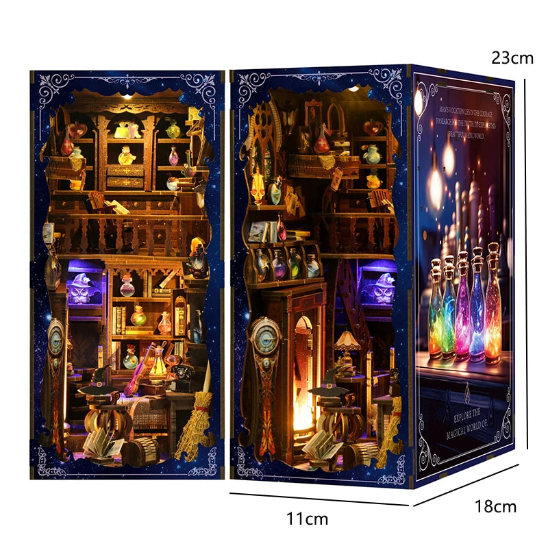 DIY Book Nook Kit - 3D Wooden Puzzle Miniature Bookshelf Dollhouse with LED Lights