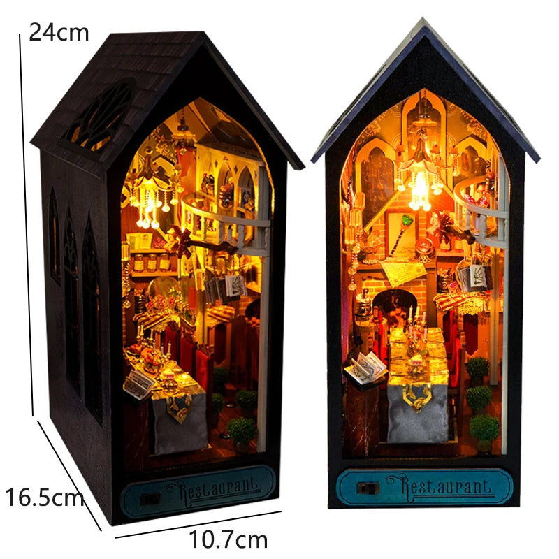 DIY Book Nook Kit - 3D Wooden Puzzle Miniature Bookshelf Dollhouse with LED Lights