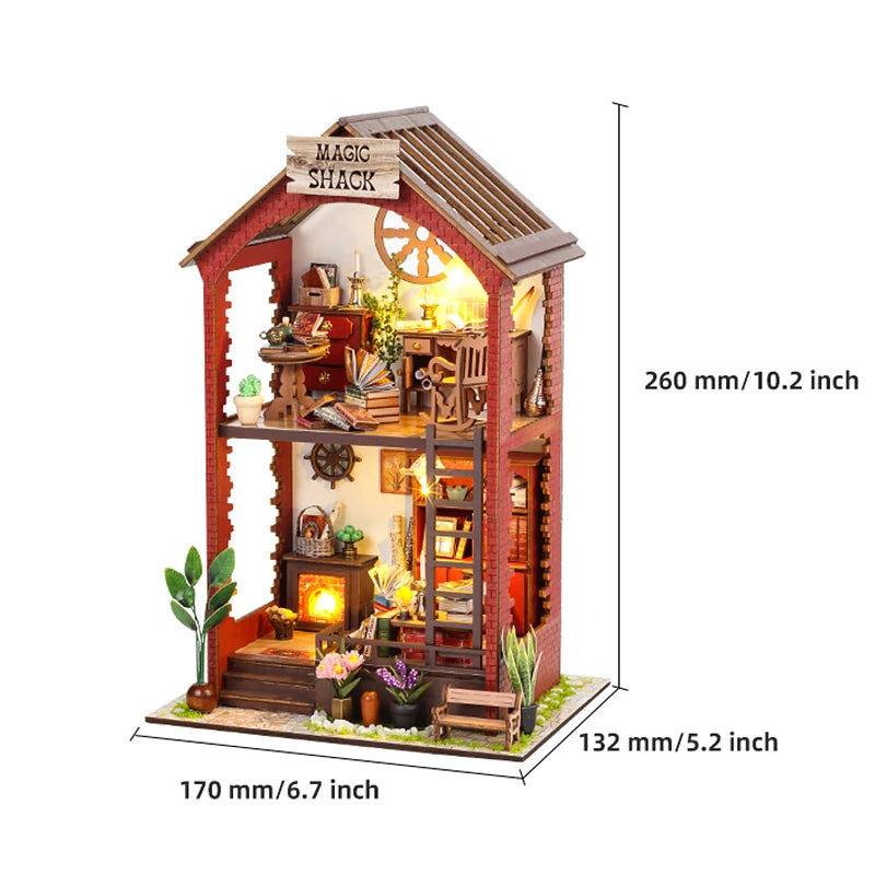 DIY Book Nook Kit - 3D Wooden Puzzle Miniature Bookshelf Dollhouse with LED Lights