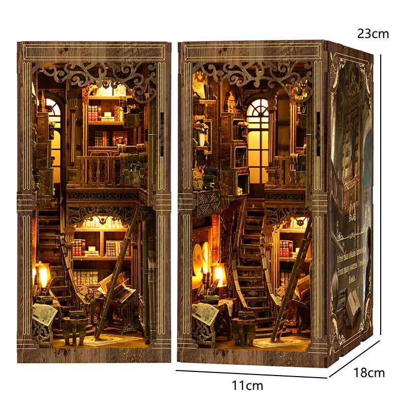 DIY Book Nook Kit - 3D Wooden Puzzle Miniature Bookshelf Dollhouse with LED Lights