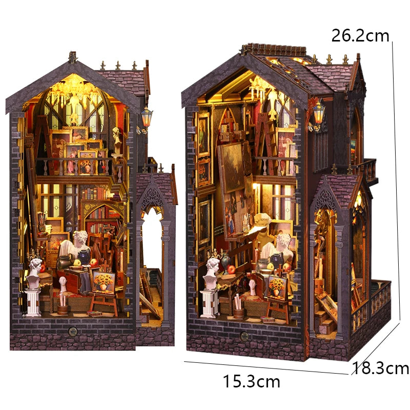DIY Book Nook Kit - 3D Wooden Puzzle Miniature Bookshelf Dollhouse with LED Lights